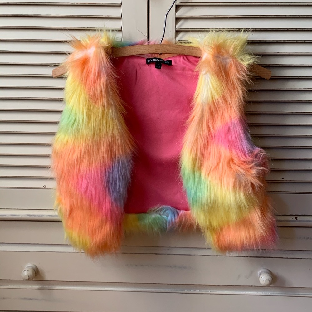 Girls rainbow faux fur vest